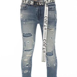 CULT OF INDIVIDUALITY Punk Belted Distressed Super Skinny Jeans in Basil
